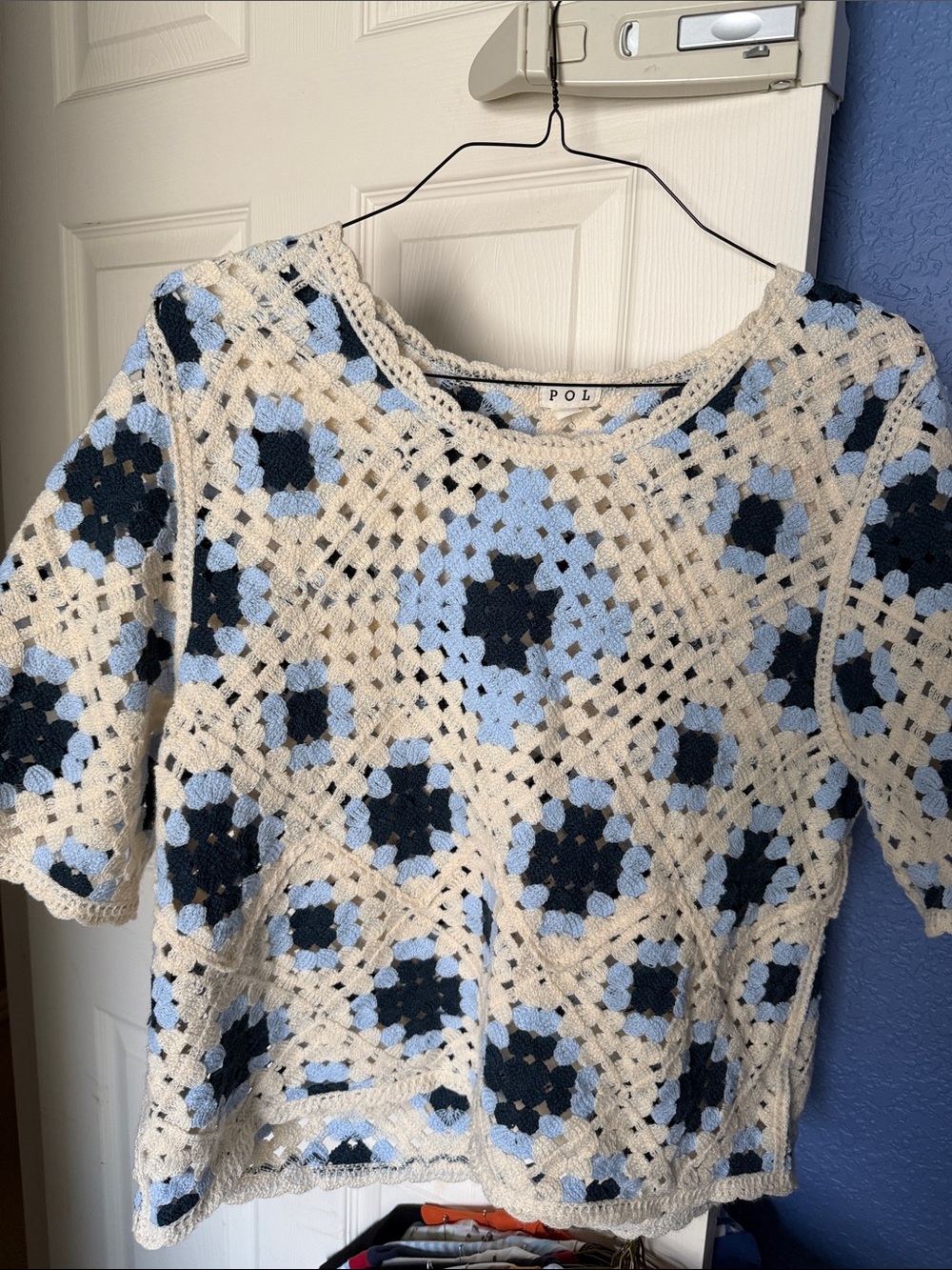 POL Crochet Patchwork Top in Cream, Light Blue & Navy One Size Fit